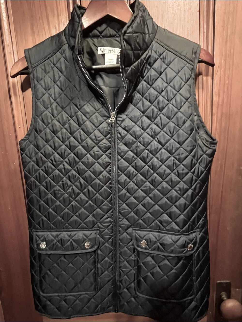 WinterSilks Quilted Vest Womens Small Navy Blue Zip Front Lightweight Puffer